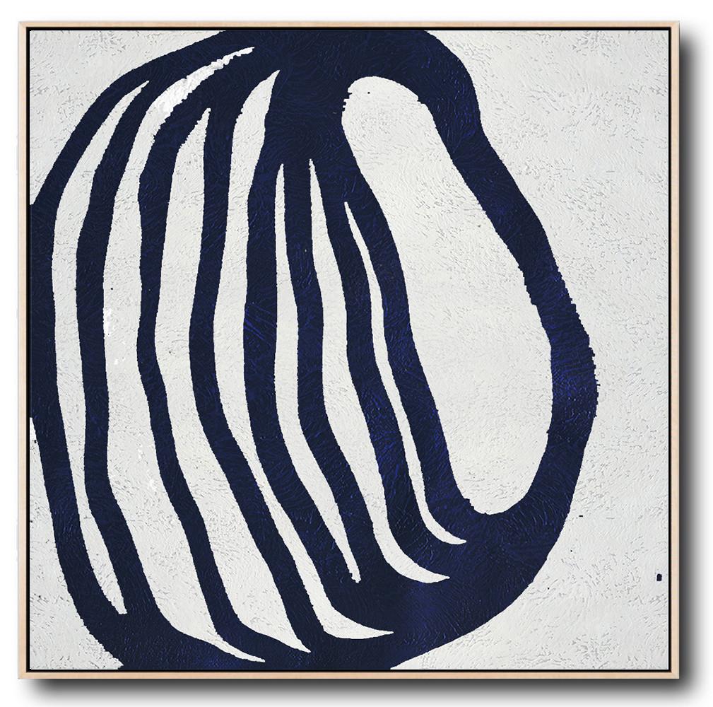 Minimalist Navy Blue And White Painting - Modern Art Gallery Large